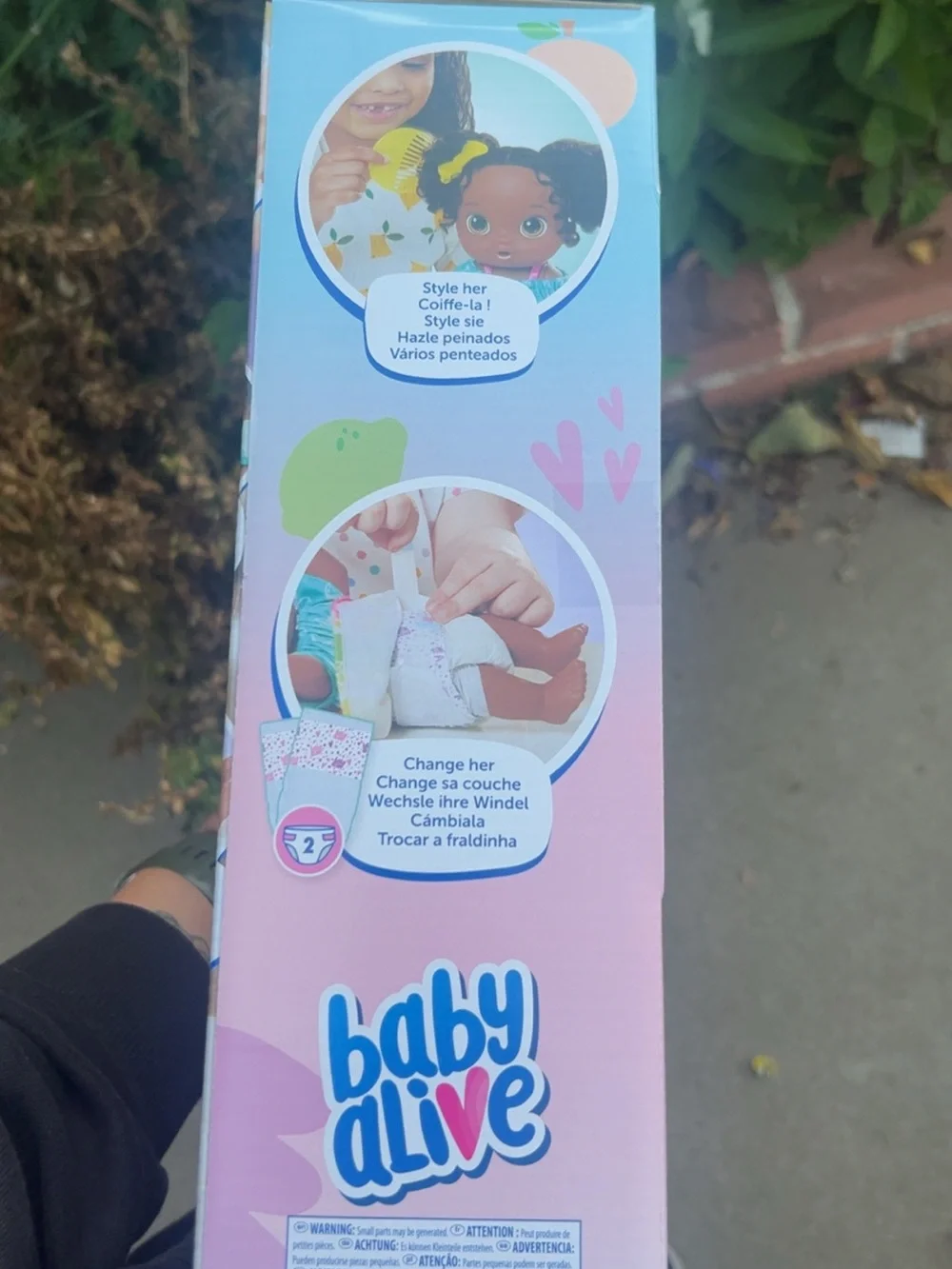 Hasbro Baby Alive Brown Doll in Green Fruit Dress with Pink Accessories